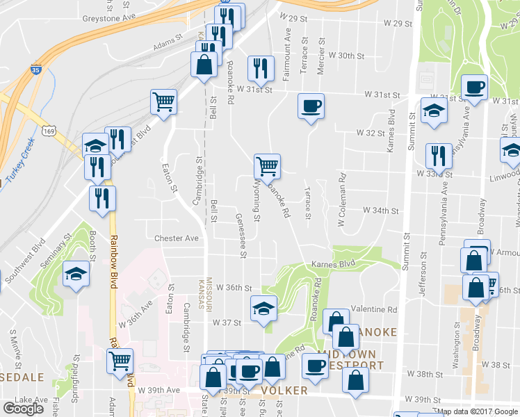 map of restaurants, bars, coffee shops, grocery stores, and more near 3381 Wyoming Street in Kansas City