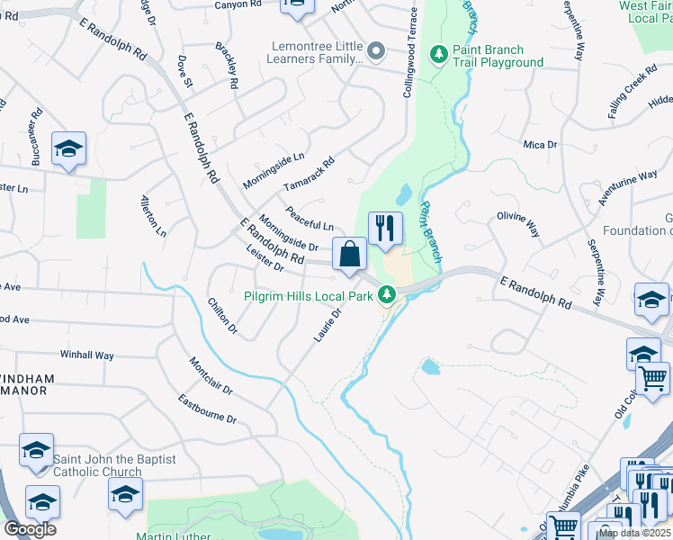 map of restaurants, bars, coffee shops, grocery stores, and more near 1508 Leister Drive in Silver Spring