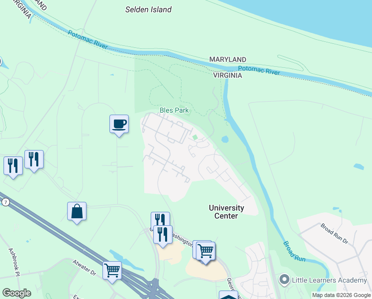 map of restaurants, bars, coffee shops, grocery stores, and more near 19889 Ridgecrest Square in Ashburn