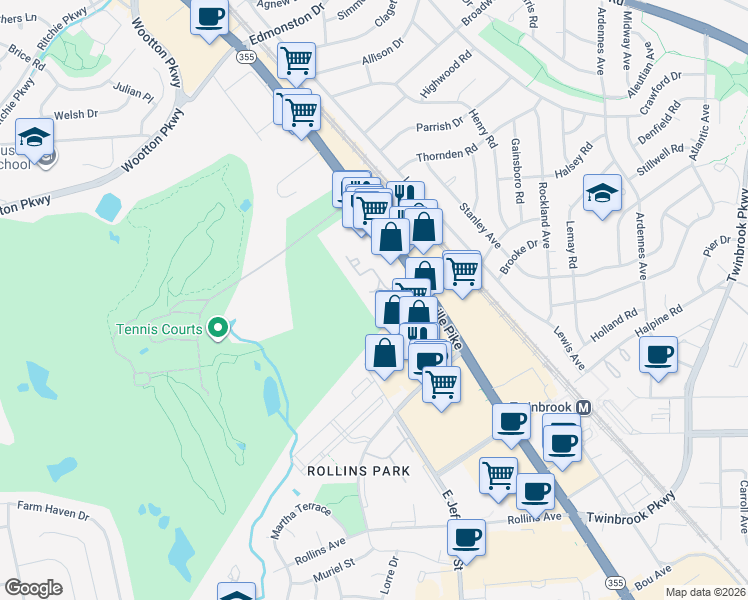 map of restaurants, bars, coffee shops, grocery stores, and more near 1431 Templeton Place in Rockville