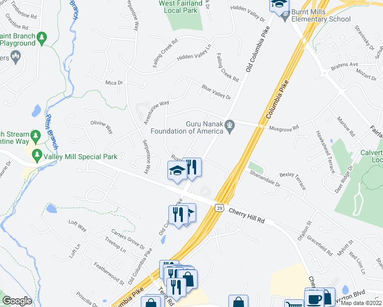 map of restaurants, bars, coffee shops, grocery stores, and more near 2208 Touchstone Court in Silver Spring
