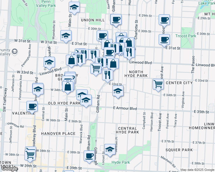 map of restaurants, bars, coffee shops, grocery stores, and more near 411 East 33rd Street in Kansas City