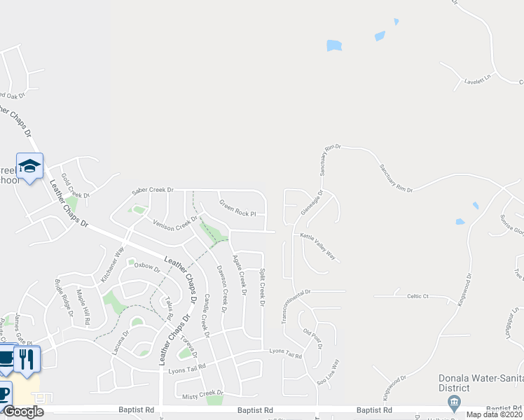 map of restaurants, bars, coffee shops, grocery stores, and more near 55 Saber Creek Drive in Monument
