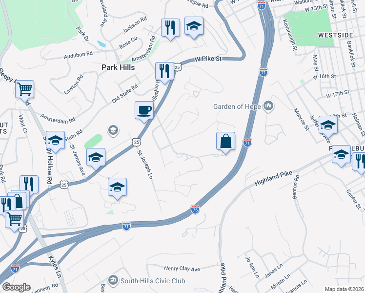 map of restaurants, bars, coffee shops, grocery stores, and more near 1135 Cecelia Avenue in Park Hills