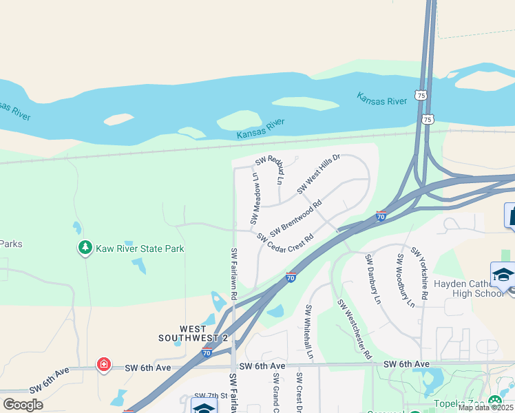 map of restaurants, bars, coffee shops, grocery stores, and more near 5307 Southwest West Hills Drive in Topeka