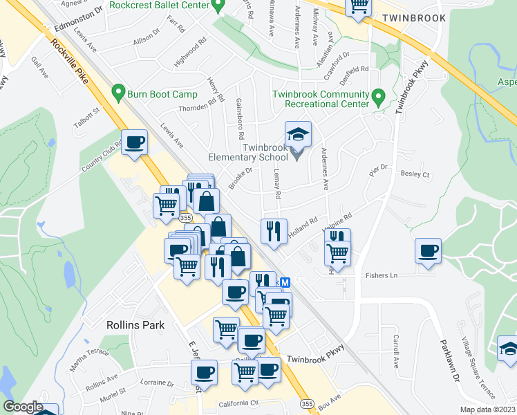 map of restaurants, bars, coffee shops, grocery stores, and more near 2307 Rockland Avenue in Rockville