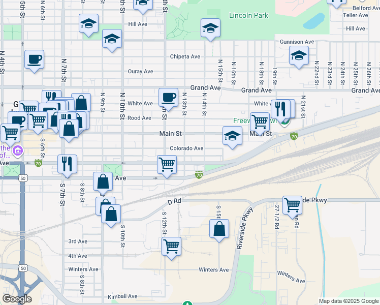 map of restaurants, bars, coffee shops, grocery stores, and more near 1307 Colorado Avenue in Grand Junction