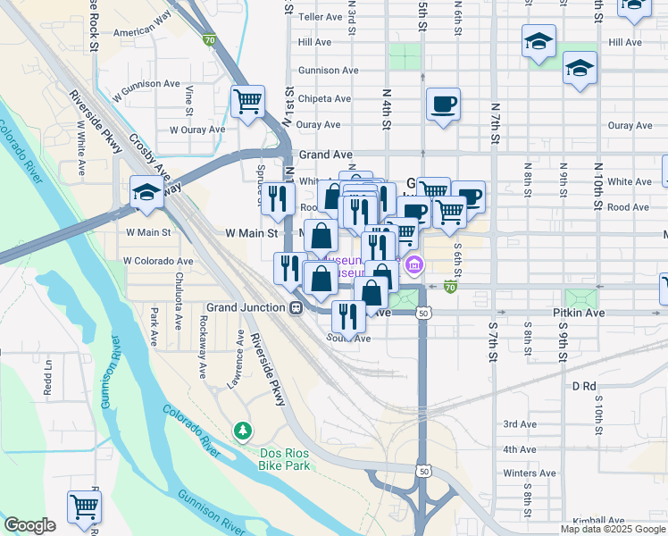 map of restaurants, bars, coffee shops, grocery stores, and more near 243 Colorado Avenue in Grand Junction