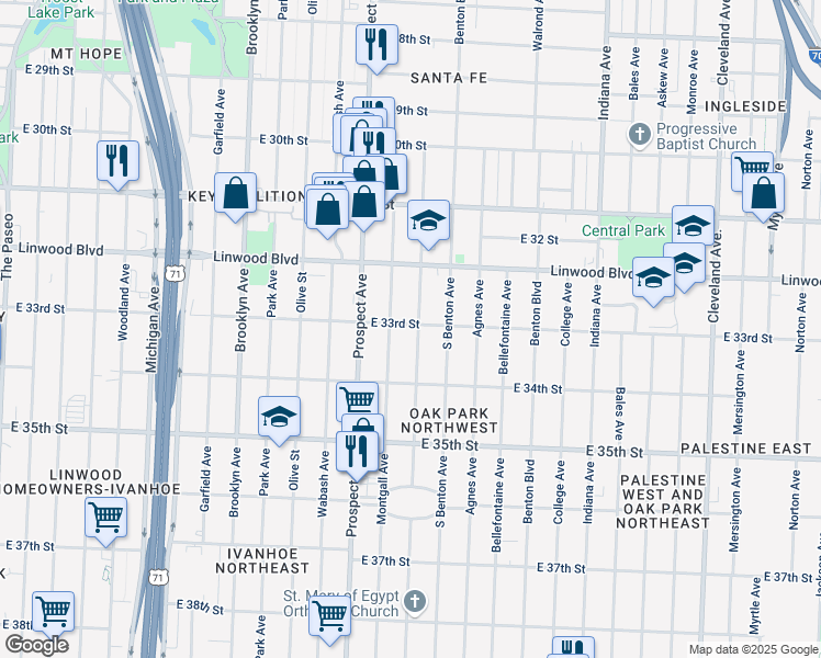 map of restaurants, bars, coffee shops, grocery stores, and more near 3300 Chestnut Avenue in Kansas City
