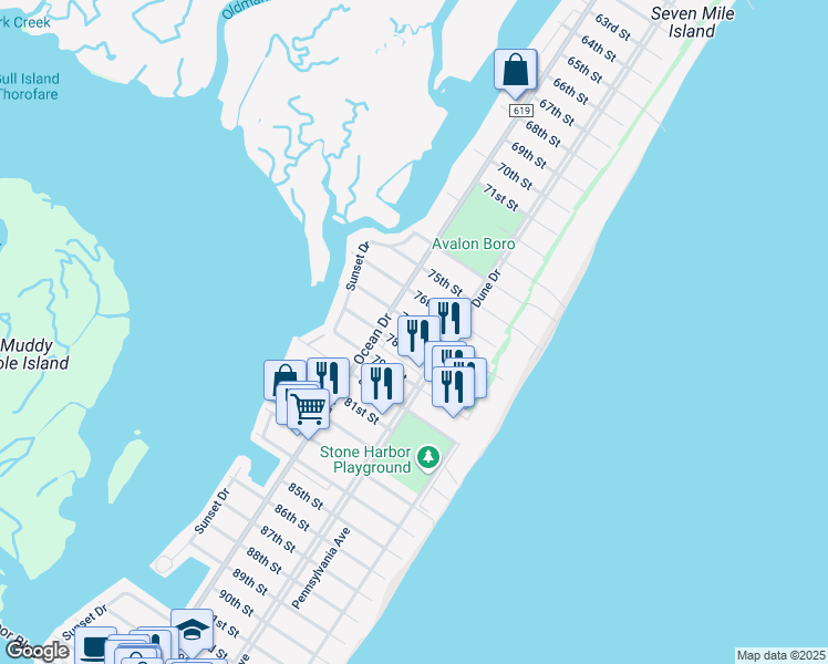 map of restaurants, bars, coffee shops, grocery stores, and more near 250 77th Street in Avalon