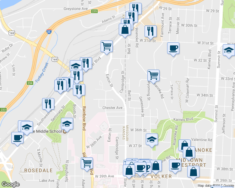map of restaurants, bars, coffee shops, grocery stores, and more near 3133 Eaton Street in Kansas City