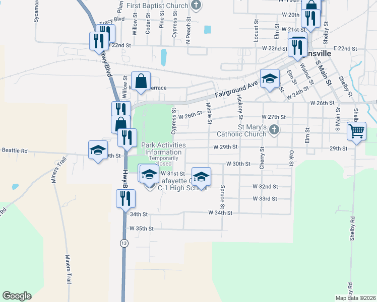 map of restaurants, bars, coffee shops, grocery stores, and more near 715 West 29th Street in Higginsville