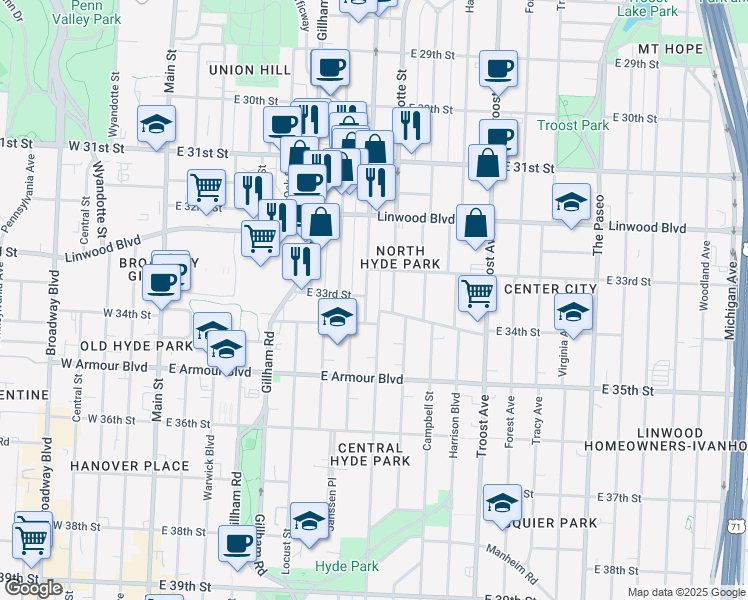 map of restaurants, bars, coffee shops, grocery stores, and more near 3317 Holmes Street in Kansas City