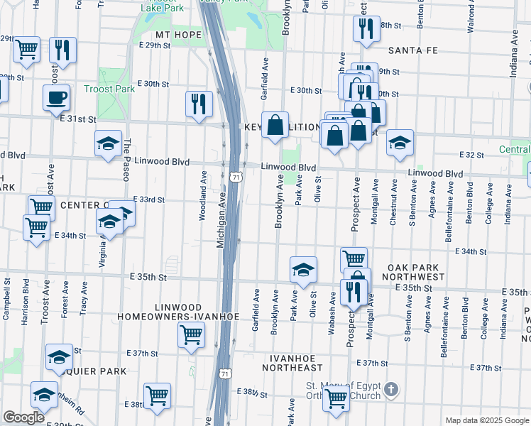 map of restaurants, bars, coffee shops, grocery stores, and more near 3311 Garfield Avenue in Kansas City
