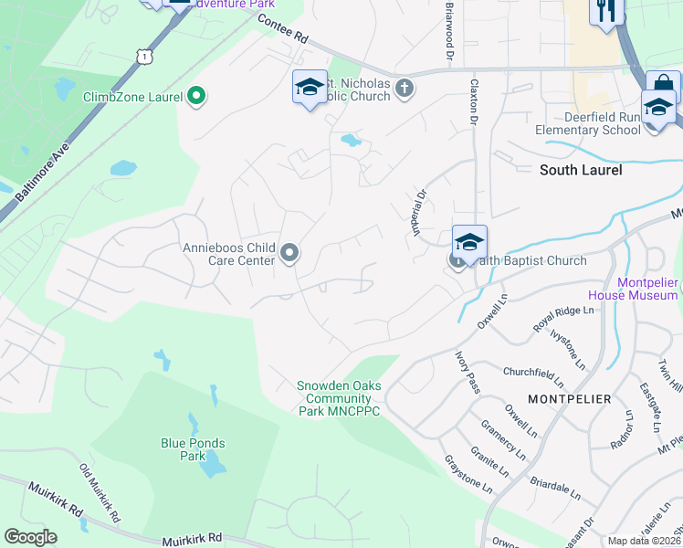map of restaurants, bars, coffee shops, grocery stores, and more near 8440 Snowden Oaks Place in Laurel