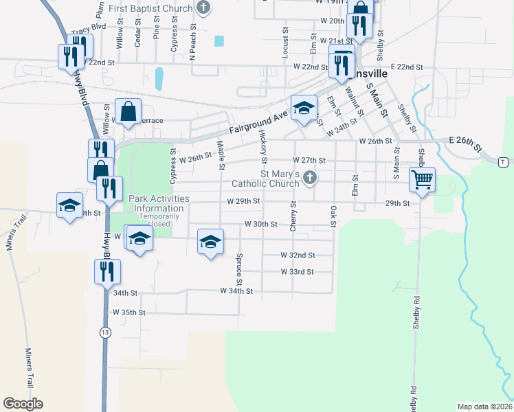 map of restaurants, bars, coffee shops, grocery stores, and more near 517 West 29th Street in Higginsville