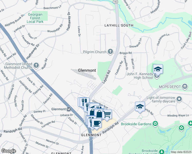 map of restaurants, bars, coffee shops, grocery stores, and more near 12750 Layhill Road in Silver Spring