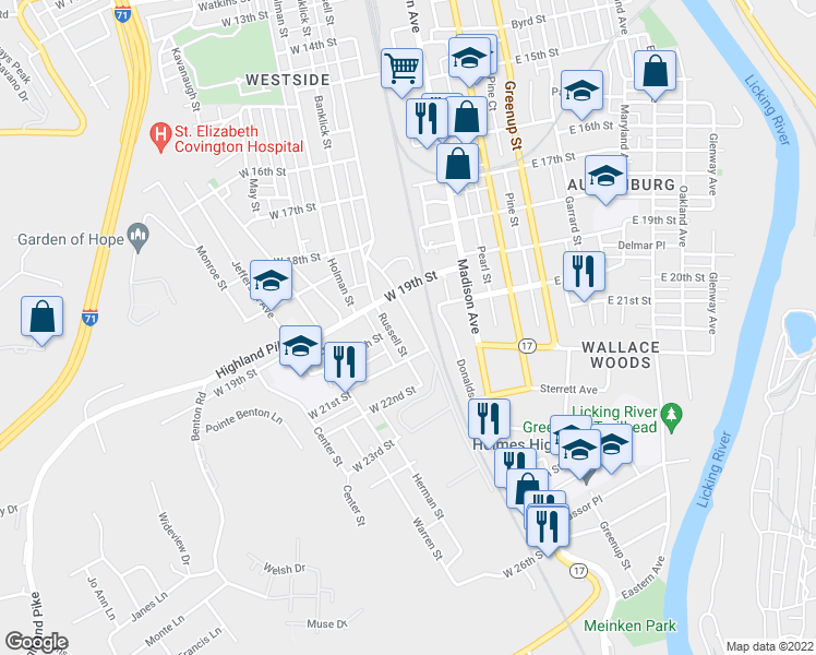 map of restaurants, bars, coffee shops, grocery stores, and more near 1929 Augustine Ave in Covington