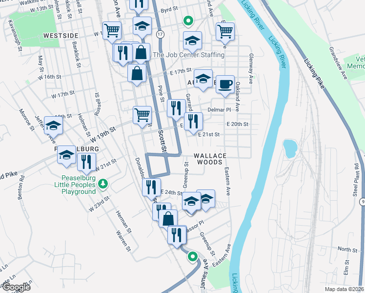 map of restaurants, bars, coffee shops, grocery stores, and more near 2044 Greenup Street in Covington