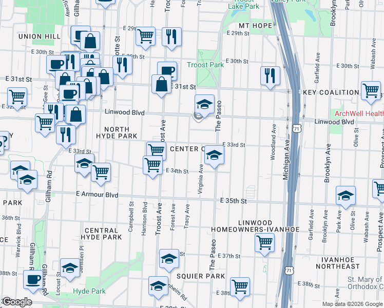 map of restaurants, bars, coffee shops, grocery stores, and more near 3321 Tracy Avenue in Kansas City