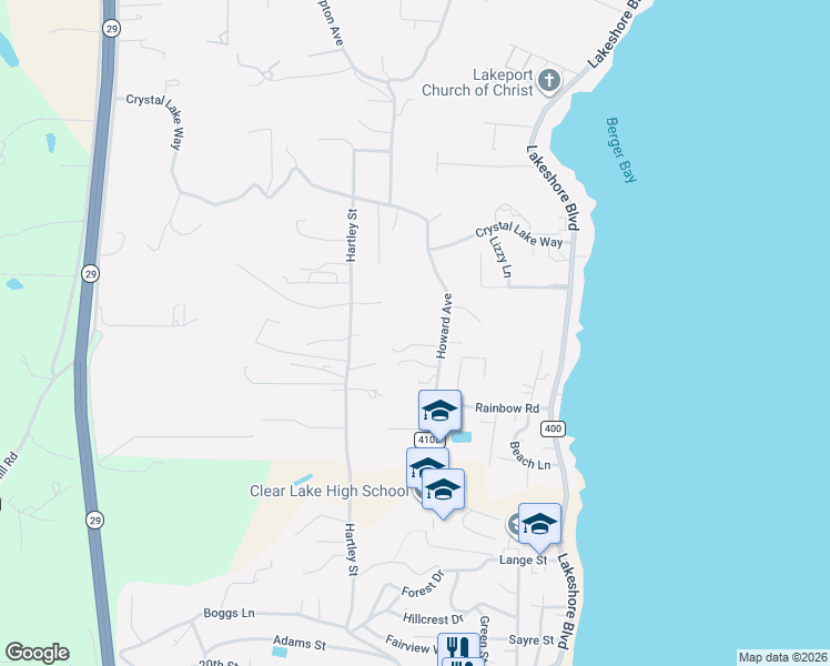 map of restaurants, bars, coffee shops, grocery stores, and more near 2715 Howard Ave in Lakeport