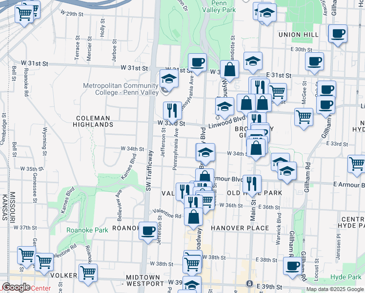 map of restaurants, bars, coffee shops, grocery stores, and more near 2418 Washington Street in Kansas City
