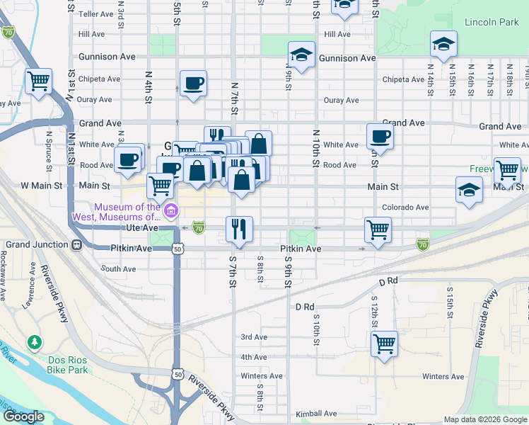 map of restaurants, bars, coffee shops, grocery stores, and more near 805 Colorado Avenue in Grand Junction
