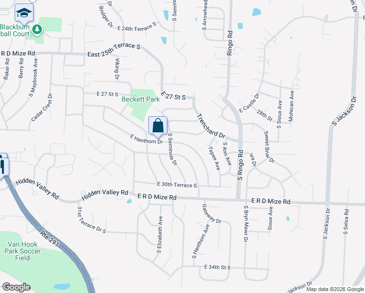 map of restaurants, bars, coffee shops, grocery stores, and more near 18713 East Hanthorn Drive in Independence