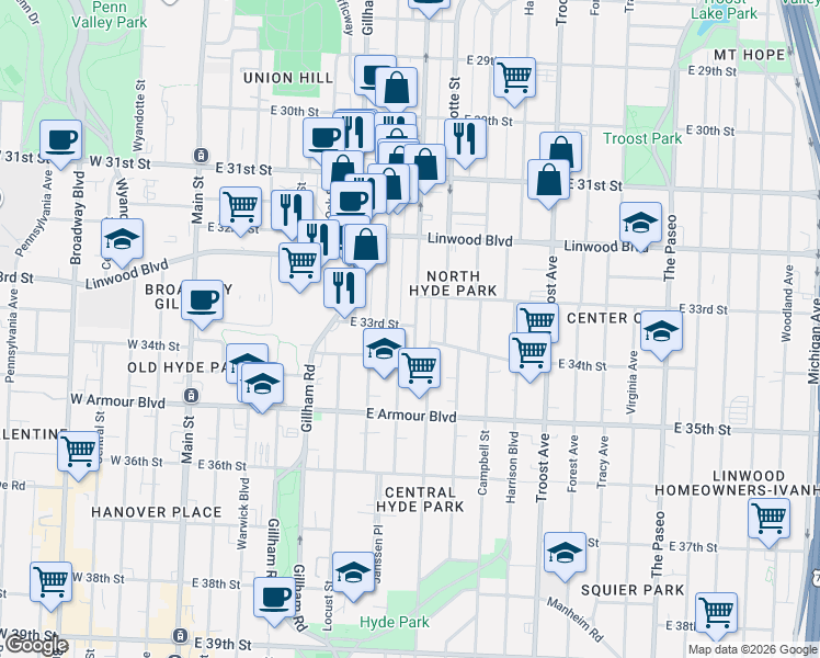map of restaurants, bars, coffee shops, grocery stores, and more near 3317 Holmes Street in Kansas City