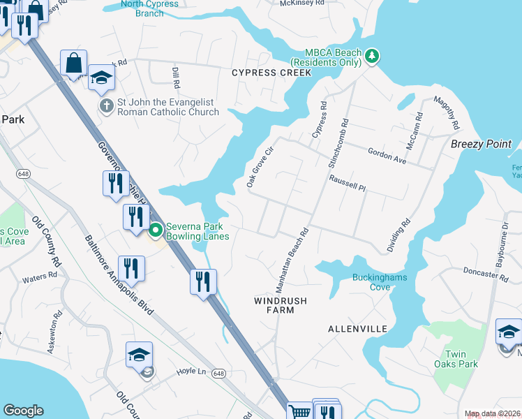 map of restaurants, bars, coffee shops, grocery stores, and more near 802 Natures Run in Severna Park