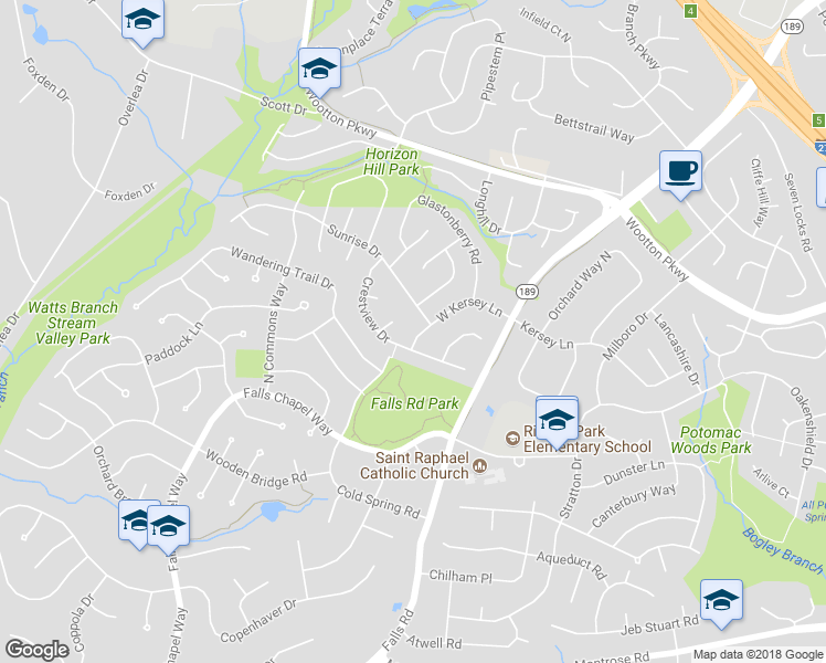 map of restaurants, bars, coffee shops, grocery stores, and more near 1523 West Kersey Lane in Rockville