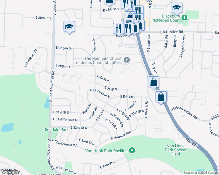 map of restaurants, bars, coffee shops, grocery stores, and more near 16711 East 28th Place in Independence