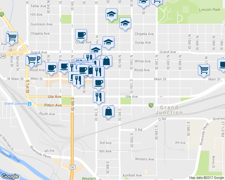 map of restaurants, bars, coffee shops, grocery stores, and more near 827 Colorado Avenue in Grand Junction