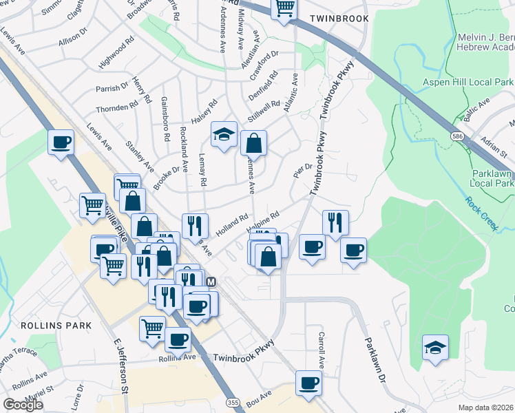 map of restaurants, bars, coffee shops, grocery stores, and more near 12703 Ardennes Avenue in Rockville