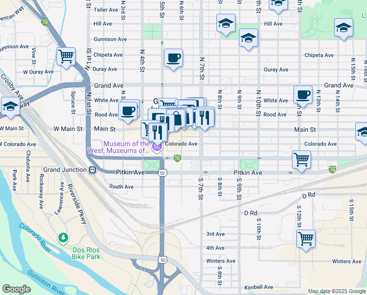map of restaurants, bars, coffee shops, grocery stores, and more near 224 South 6th Street in Grand Junction