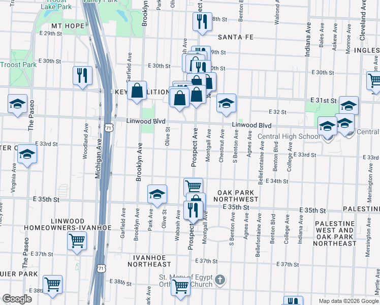 map of restaurants, bars, coffee shops, grocery stores, and more near 3307 Wabash Avenue in Kansas City