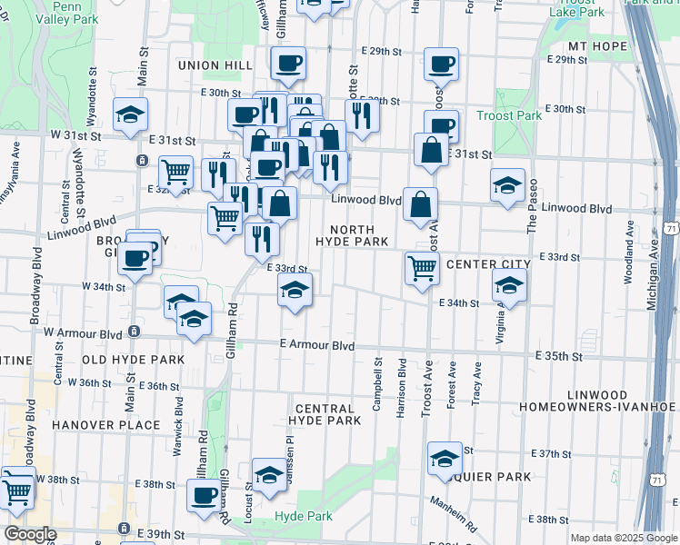 map of restaurants, bars, coffee shops, grocery stores, and more near 3317 Holmes Street in Kansas City