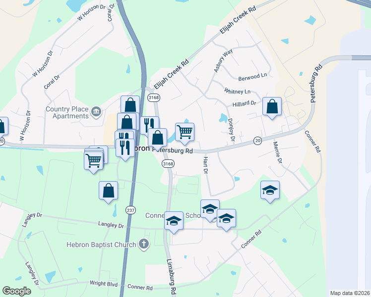 map of restaurants, bars, coffee shops, grocery stores, and more near 1890 Petersburg Road in Hebron