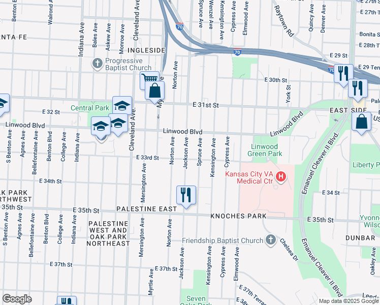 map of restaurants, bars, coffee shops, grocery stores, and more near 3239 Jackson Avenue in Kansas City