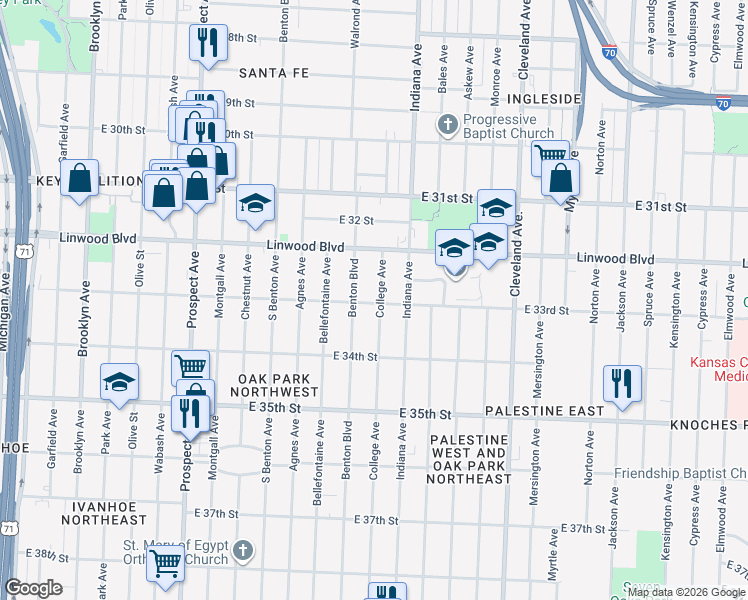 map of restaurants, bars, coffee shops, grocery stores, and more near 3242 College Avenue in Kansas City