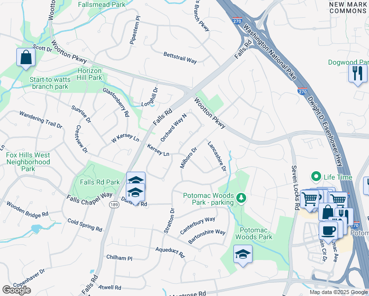 map of restaurants, bars, coffee shops, grocery stores, and more near 60 Orchard Way North in Rockville