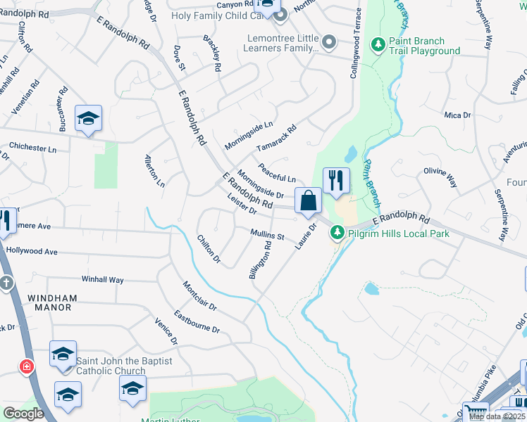 map of restaurants, bars, coffee shops, grocery stores, and more near 1408 Leister Drive in Silver Spring