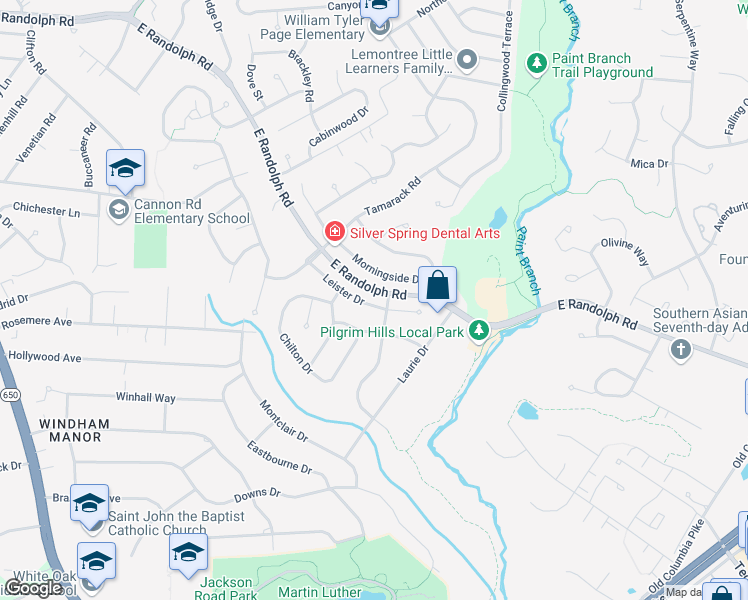 map of restaurants, bars, coffee shops, grocery stores, and more near 1408 Leister Drive in Silver Spring