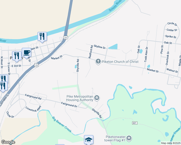 map of restaurants, bars, coffee shops, grocery stores, and more near 114 Hilltop Lane in Piketon