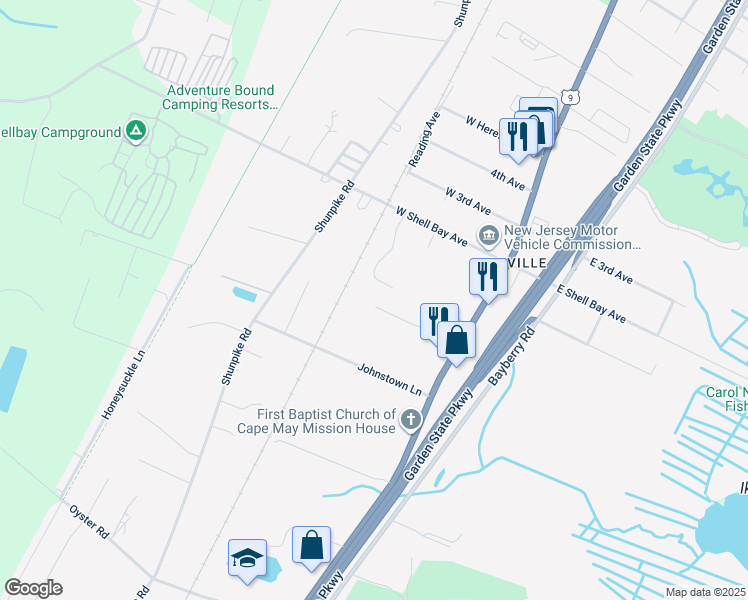 map of restaurants, bars, coffee shops, grocery stores, and more near 11 Kings Lane in Cape May County