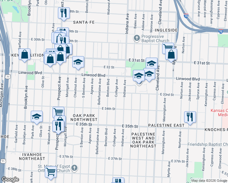 map of restaurants, bars, coffee shops, grocery stores, and more near 3242 College Avenue in Kansas City