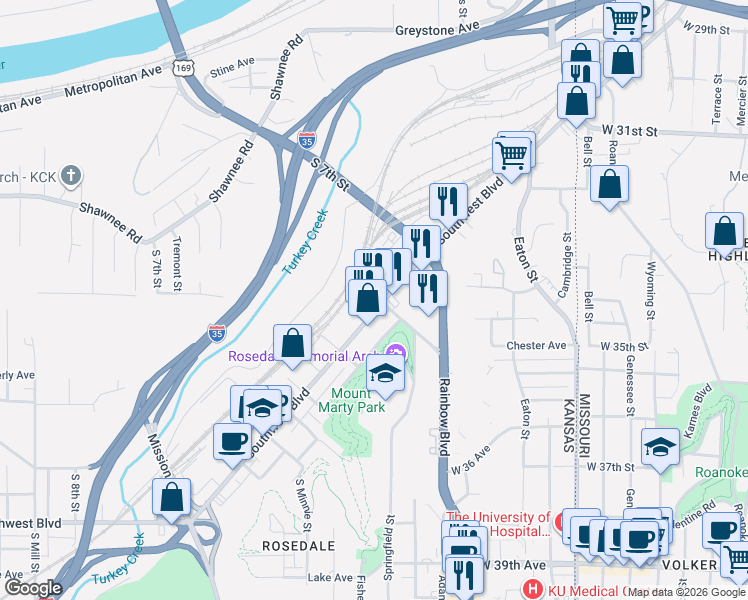 map of restaurants, bars, coffee shops, grocery stores, and more near 542 Southwest Boulevard in Kansas City