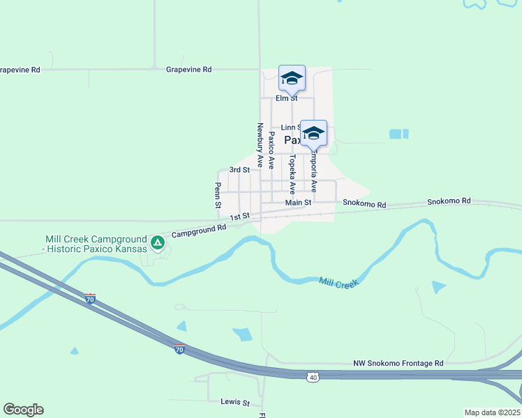 map of restaurants, bars, coffee shops, grocery stores, and more near 101 Newbury Avenue in Paxico