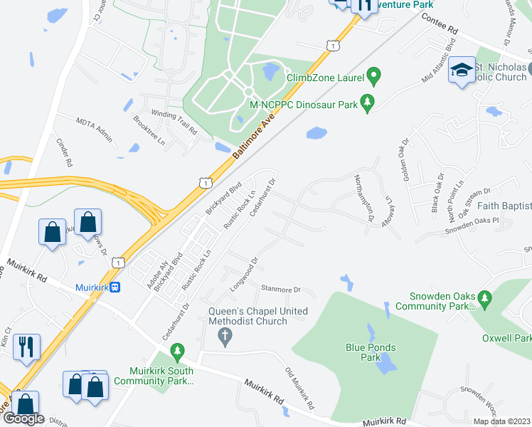 map of restaurants, bars, coffee shops, grocery stores, and more near 7601 Whethersfield Place in Beltsville