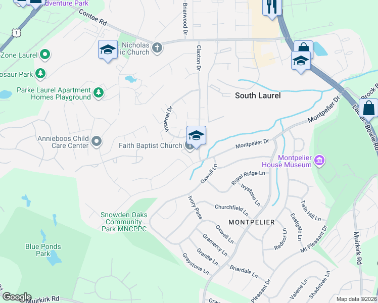 map of restaurants, bars, coffee shops, grocery stores, and more near 12700 Claxton Drive in Laurel